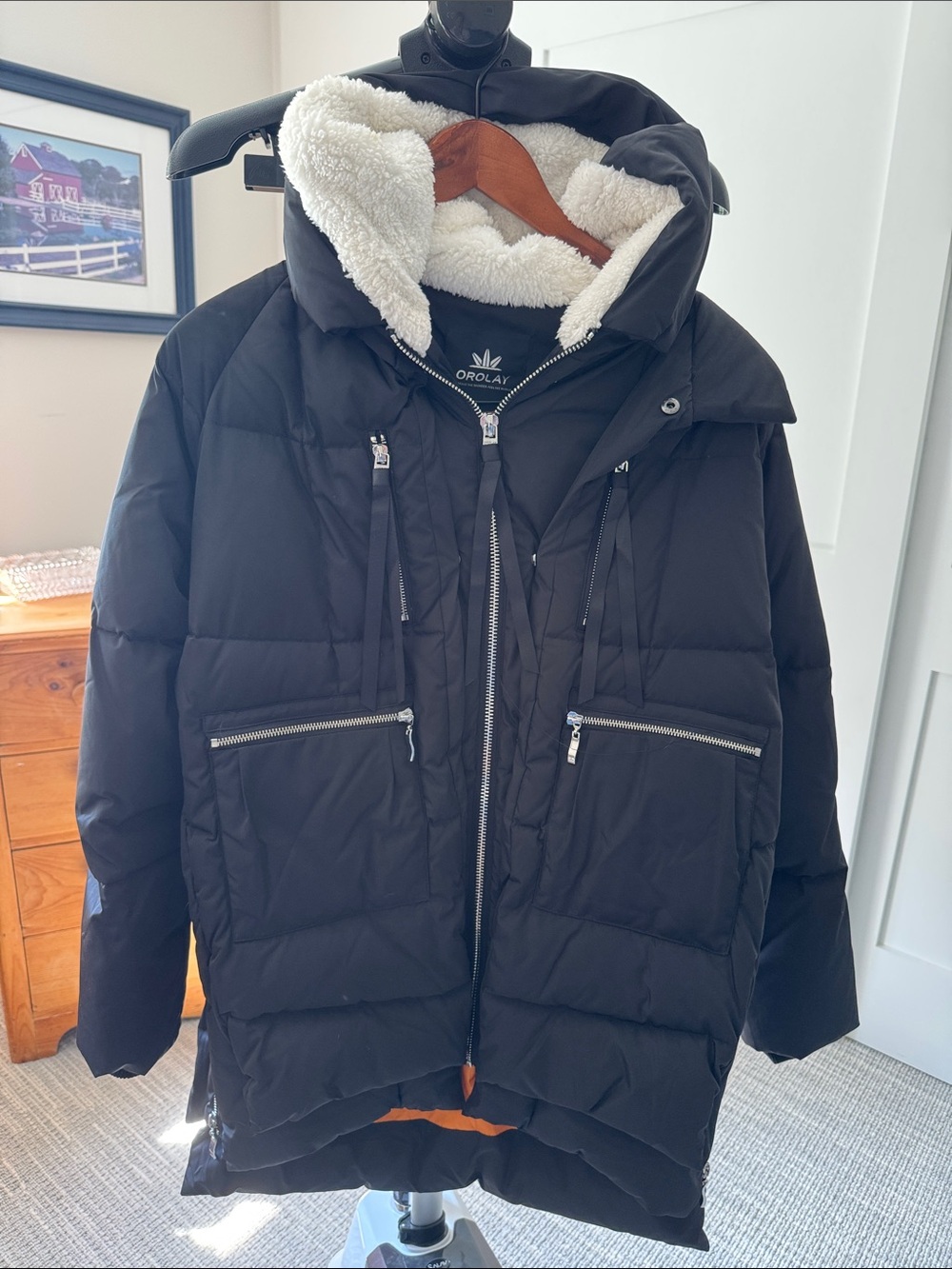 OLAY women’s Black Puffer Jacket with White Sherpa Hood Lining